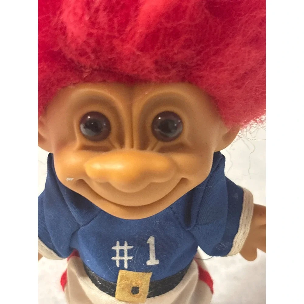 Vintage Troll Doll Red Hair Sports Uniform #1‎ Jersey Blue White 3 inch Figure